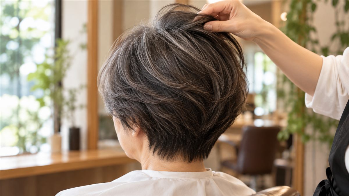 50代・60代の髪の分け目とボリュームを確認する様子